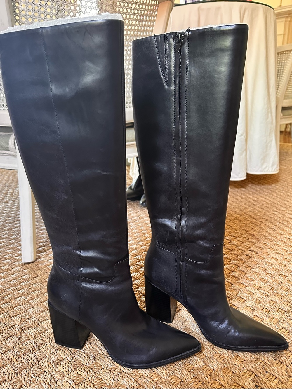 Nine West Black Leather Knee High Block Heel Boots Pointed Toe Size 9M